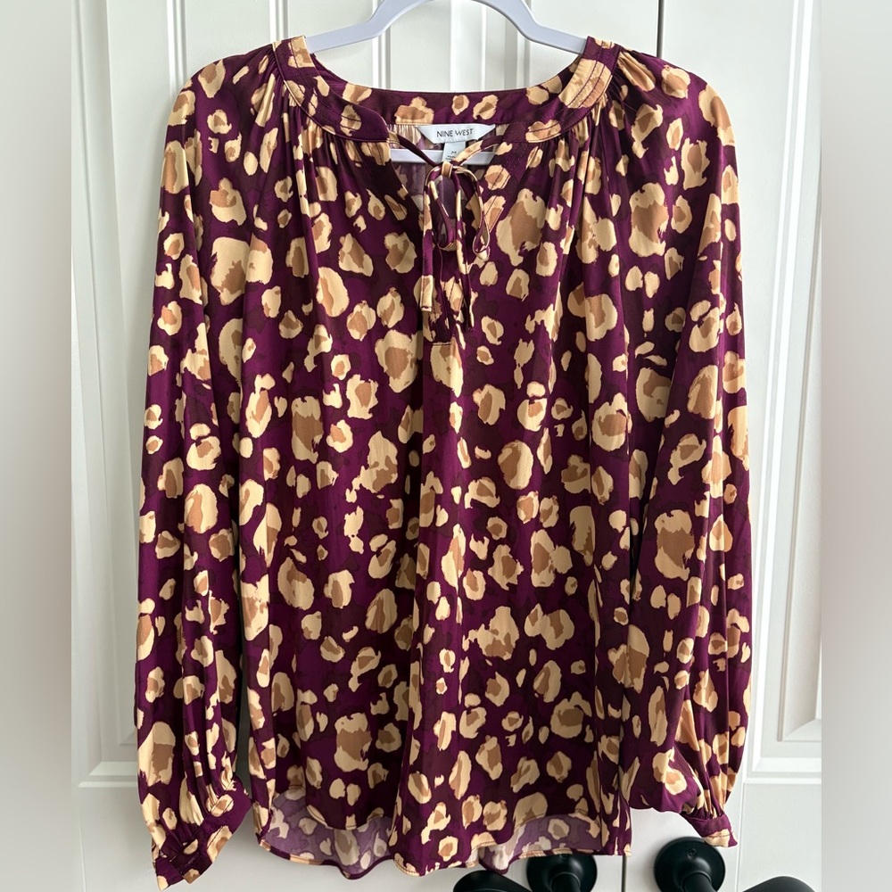 FLAWED Nine West Burgundy Leopard Long Sleeve Blouse